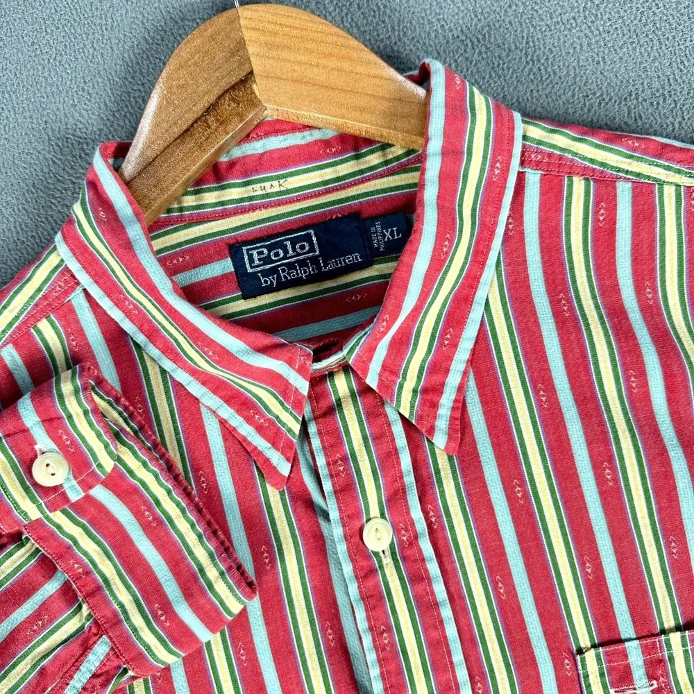 Polo Ralph Lauren Shirt XL Red Blue‎ Vertical Stripe Southwestern Double Pocket